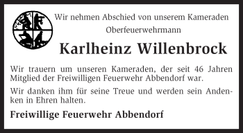 Traueranzeige von Karlheinz Willenbrock von KREISZEITUNG SYKE