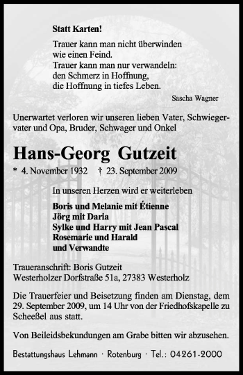 Traueranzeige von Hans-Georg Gutzeit von KREISZEITUNG SYKE