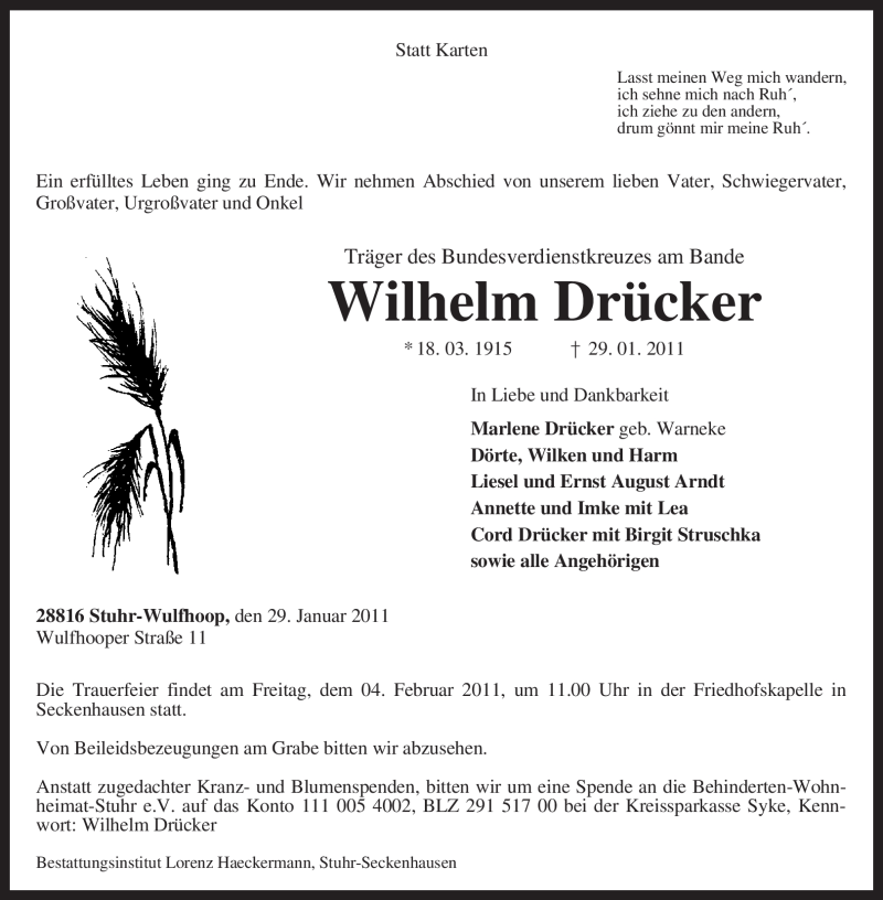  Traueranzeige für Wilhelm Drücker vom 31.01.2011 aus KREISZEITUNG SYKE