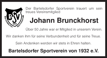 Traueranzeige von Johann Brunckhorst von KREISZEITUNG SYKE