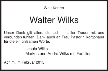 Traueranzeige von Walter Wilks von KRZ