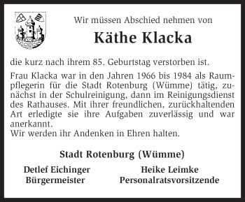 Traueranzeige von Käthe Klacka von KREISZEITUNG SYKE