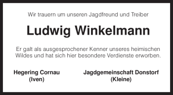 Traueranzeige von Ludwig Winkelmann von KREISZEITUNG SYKE