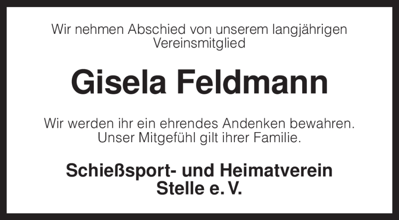  Traueranzeige für Gisela Feldmann vom 22.04.2010 aus KREISZEITUNG SYKE