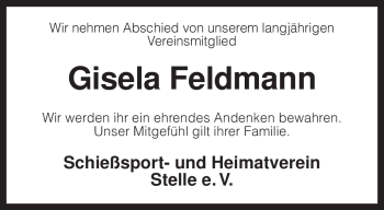 Traueranzeige von Gisela Feldmann von KREISZEITUNG SYKE