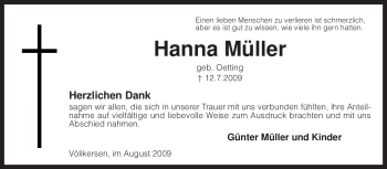 Traueranzeige von Hanna Müller von KREISZEITUNG SYKE