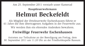 Traueranzeige von Helmut Beckefeldt von KREISZEITUNG SYKE