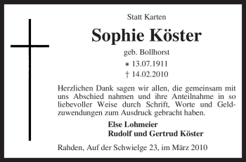 Traueranzeige von Sophie Köster von KREISZEITUNG SYKE