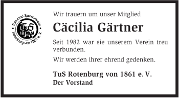 Traueranzeige von Cäcilia Gärtner von KREISZEITUNG SYKE