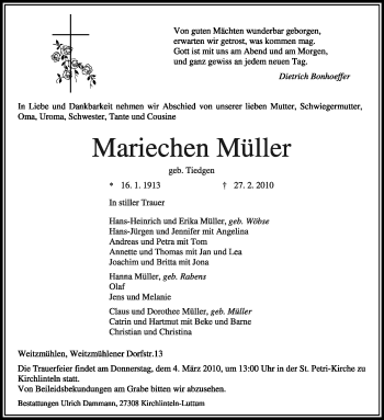 Traueranzeige von Mariechen Müller von KREISZEITUNG SYKE