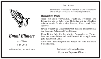 Traueranzeige von Emmi Ellmers von KREISZEITUNG SYKE