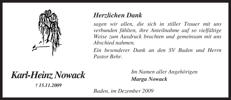  Traueranzeige für Karl-Heinz Nowack vom 12.12.2009 aus KREISZEITUNG SYKE