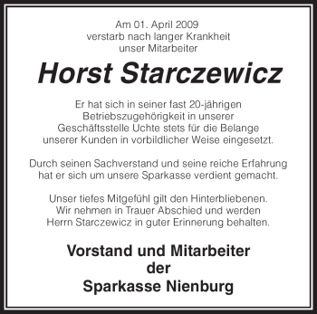 Traueranzeige von Horst Starczewicz von KREISZEITUNG SYKE