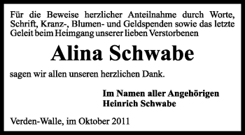 Traueranzeige von Alina Schwabe von KREISZEITUNG SYKE