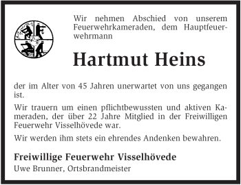 Traueranzeige von Hartmut Heins von KREISZEITUNG SYKE