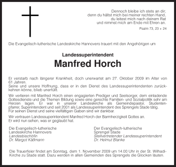 Traueranzeige von Manfred Horch von KREISZEITUNG SYKE