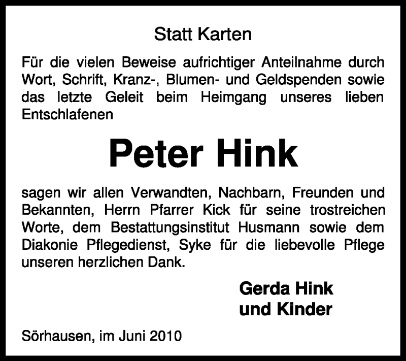  Traueranzeige für Peter Hink vom 19.06.2010 aus KREISZEITUNG SYKE