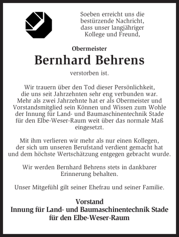 Traueranzeige von Bernhard Behrens von KREISZEITUNG SYKE