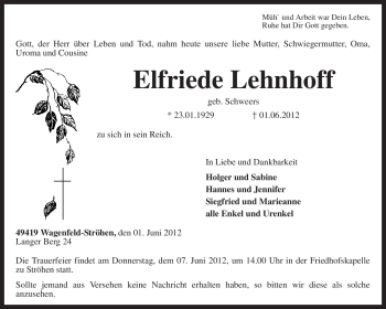 Traueranzeige von Elfriede Lehnhoff von KREISZEITUNG SYKE