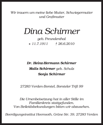 Traueranzeige von Dina Schirmer von KREISZEITUNG SYKE