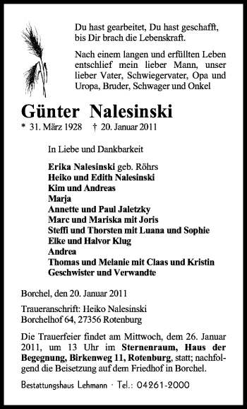 Traueranzeige von Günter Nalesinski von KREISZEITUNG SYKE