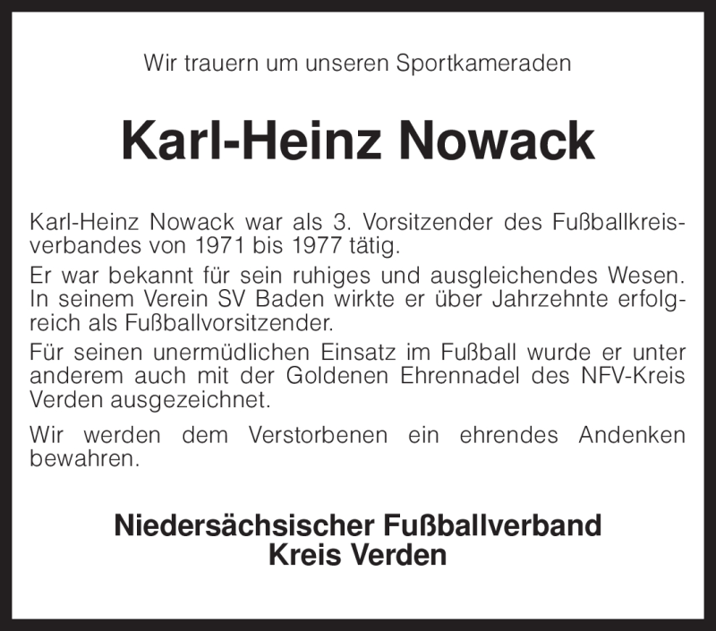  Traueranzeige für Karl-Heinz Nowack vom 19.11.2009 aus KREISZEITUNG SYKE