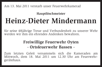 Traueranzeige von Heinz-Dieter Mindermann von KREISZEITUNG SYKE