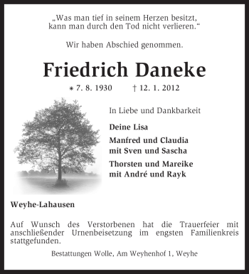 Traueranzeige von Friedrich Daneke von KREISZEITUNG SYKE