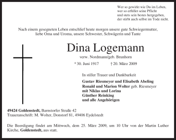 Traueranzeige von Dina Logemann von KREISZEITUNG SYKE