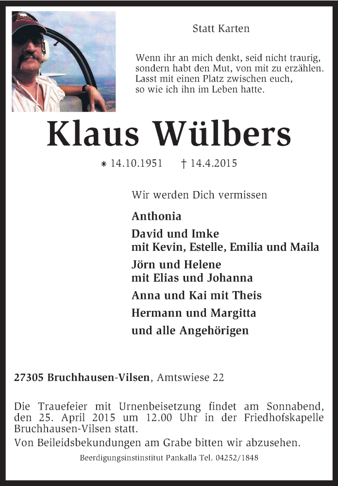  Traueranzeige für Klaus Wülbers vom 16.04.2015 aus KRZ