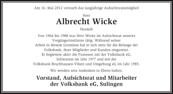 Traueranzeige von Albrecht Wicke von KREISZEITUNG SYKE