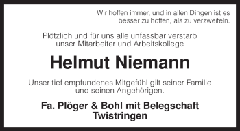 Traueranzeige von Helmut Niemann von KREISZEITUNG SYKE