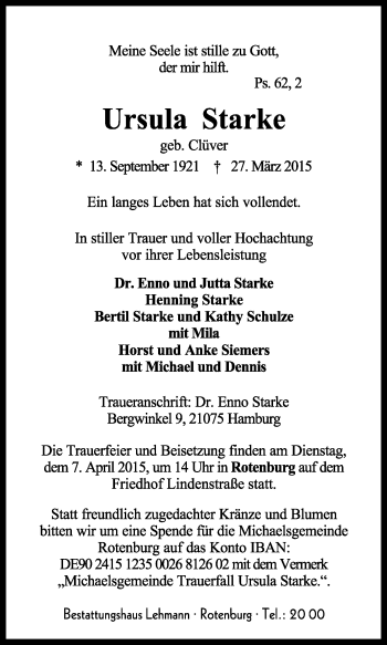 Traueranzeige von Ursula Starke von KRZ