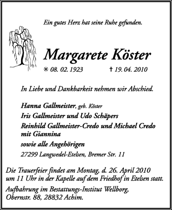 Traueranzeige von Margarete Köster von KREISZEITUNG SYKE