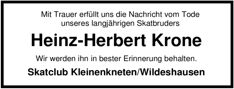  Traueranzeige für Heinz-Herbert Krone vom 08.01.2009 aus KREISZEITUNG SYKE