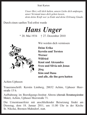 Traueranzeige von Hans Unger von KREISZEITUNG SYKE