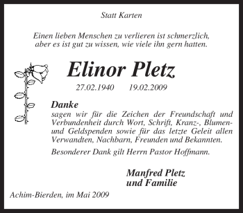 Traueranzeige von Elinor Pletz von KREISZEITUNG SYKE