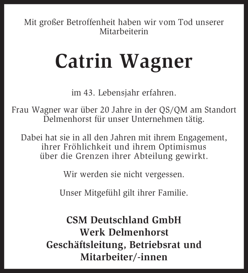  Traueranzeige für Catrin Wagner vom 20.04.2012 aus KREISZEITUNG SYKE