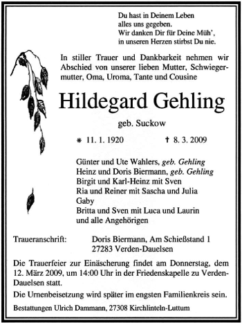 Traueranzeige von Hildegard Gehling von KREISZEITUNG SYKE