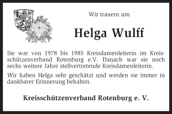 Traueranzeige von Helga Wulff von KRZ