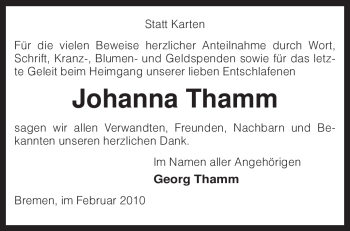 Traueranzeige von Johanna Thamm von KREISZEITUNG SYKE