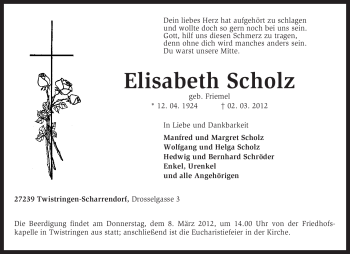 Traueranzeige von Elisabeth Scholz von KREISZEITUNG SYKE