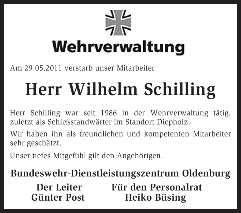  Traueranzeige für Wilhelm Schilling vom 03.06.2011 aus KREISZEITUNG SYKE