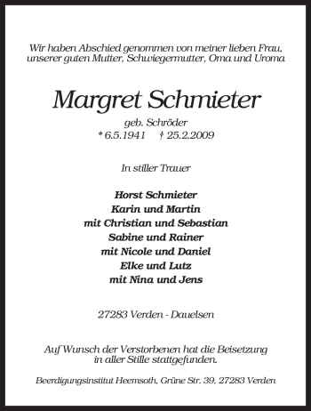 Traueranzeige von Margret Schmieter von KREISZEITUNG SYKE