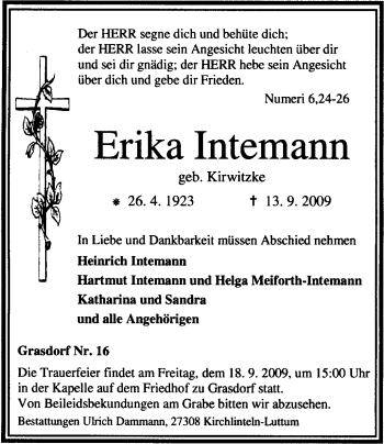 Traueranzeige von Erika Intemann von KREISZEITUNG SYKE