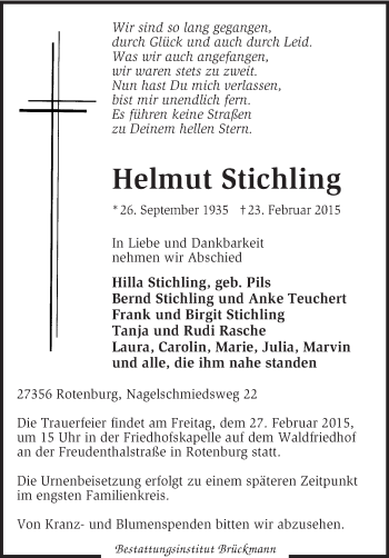 Traueranzeige von Helmut Stichling von KRZ