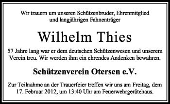 Traueranzeige von Wilhelm Thies von KREISZEITUNG SYKE