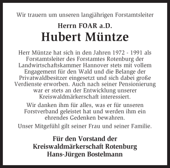 Traueranzeige von Hubert Müntze von KREISZEITUNG SYKE