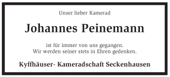 Traueranzeige von Johannes Peinemann von KREISZEITUNG SYKE