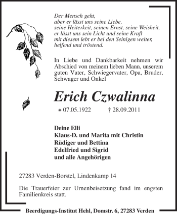 Traueranzeige von Erich Czwalinna von KREISZEITUNG SYKE